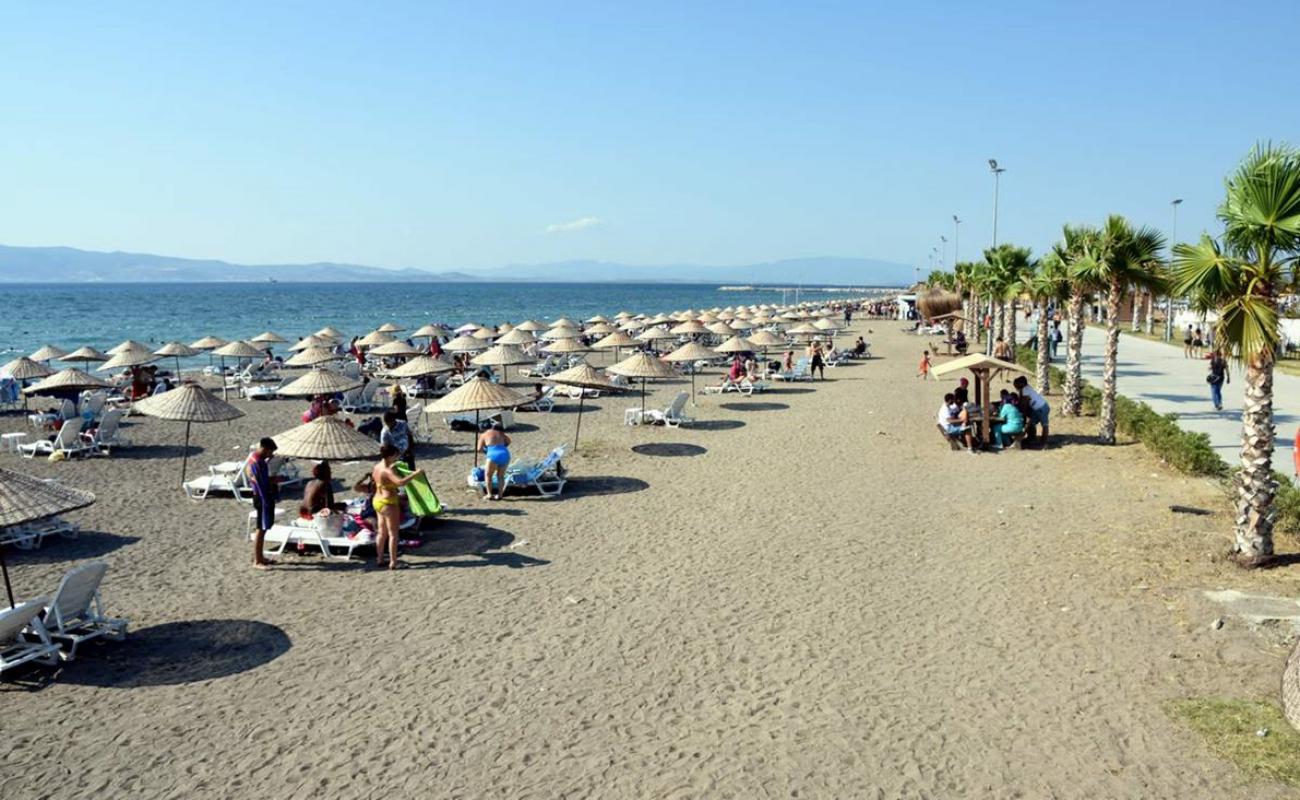 Фото Aliaga Agapark beach с светлый песок поверхностью