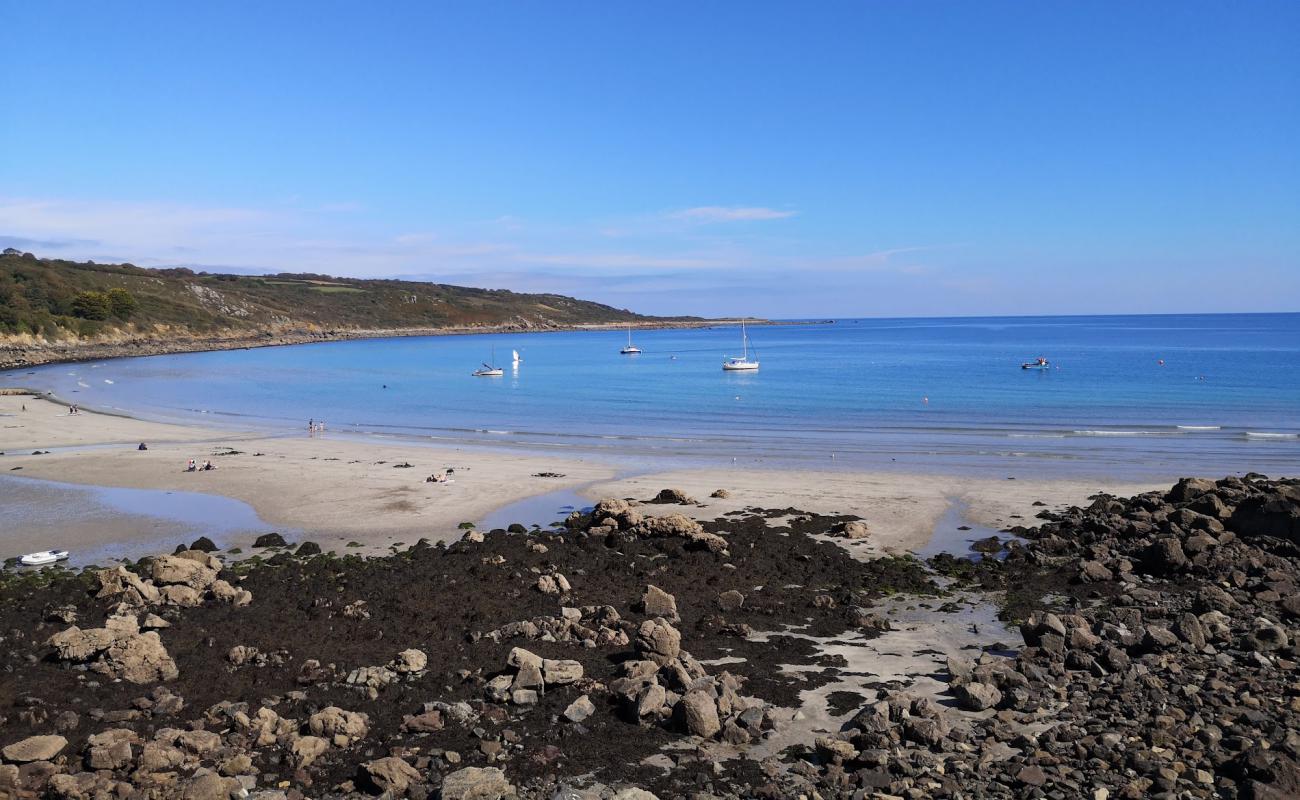 Фото Coverack Cove beach с песок с камнями поверхностью